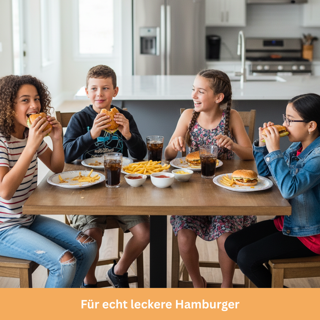 Kinder mit Hamburger in Küche