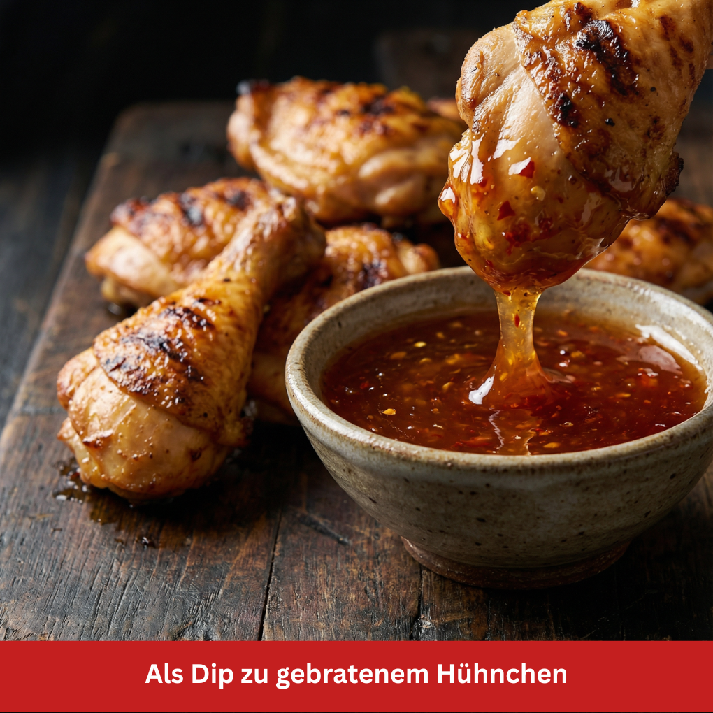 Süße Chillisauce Dip zu gebratenem Hähnchen Stillife